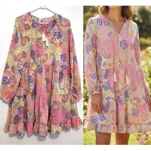 GRACE + KARMA Pink White Multi Paisley Floral Boho Long Sleeve Mini Swing Dress